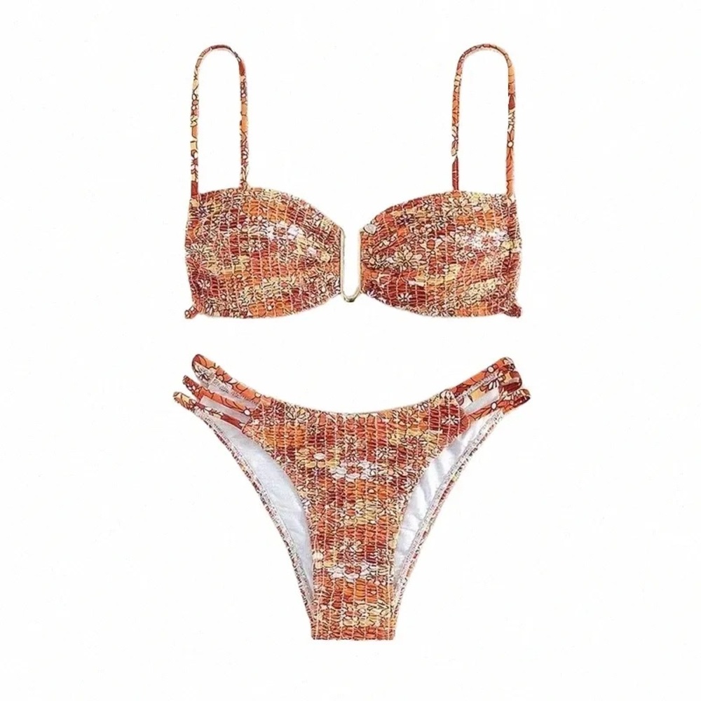 SHEIN Orange Ribbed Balconette Bikini Set